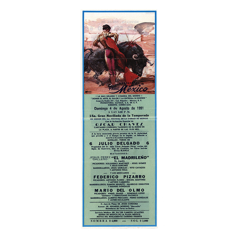 Cartelera Para Corrida De Toros.  " 15a Gran Novillada De La Temporada " 
4 Agosto 1991